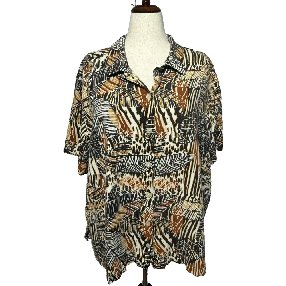 Liz & Me Top Womens 3X 26-28W Brown Cream‎ Button Up Animal Print Tropical